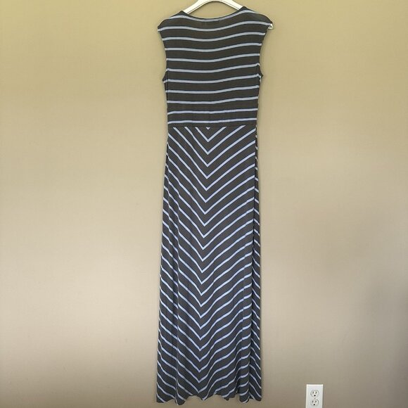 Blue Gray Maxi Dress Women M Casual Stretch Stripe Comfy High Waist V neck - Picture 2 of 7